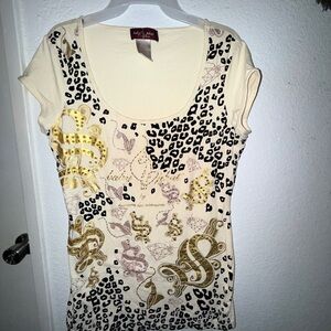 Baby Phat Cream Short Sleeve Scoop Neck Top with Black Leopard & Gold Accents